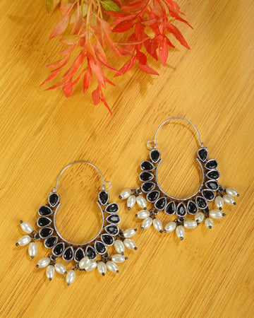 Black stone studded Oxidized Hoop Earrings